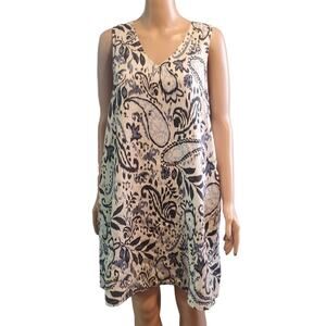 Lucky Brand Linen Shift Dress Blue White Paisley Pockets Size M